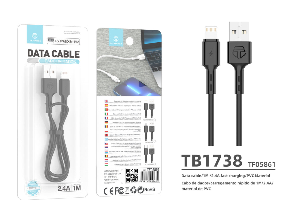 Techancy Cabo De Dados Usb-Ip7/8/x/11-14, TB1738 1M 2,4A Carregamento Rápido, Transferência De Dados, Preto