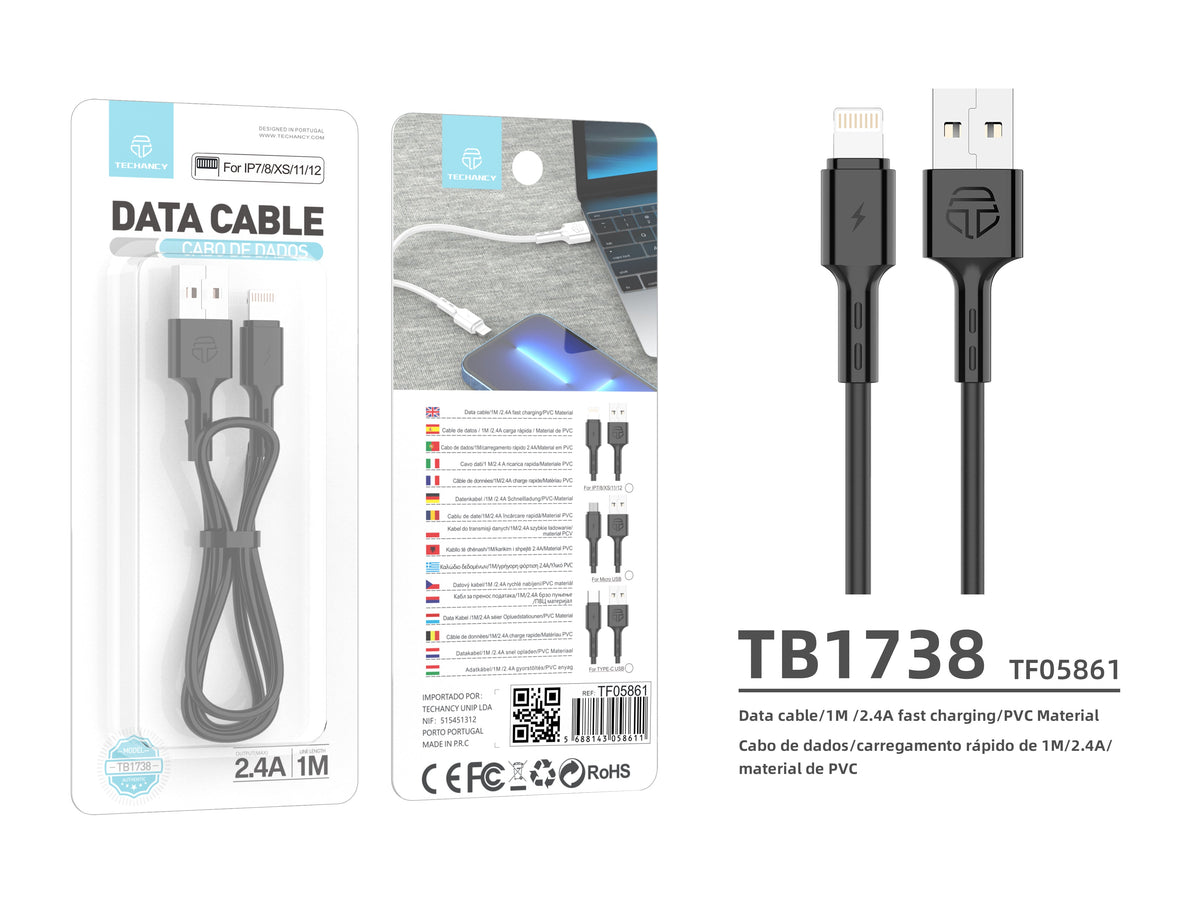 Techancy Cabo De Dados Usb-Ip7/8/x/11-14, TB1738 1M 2,4A Carregamento Rápido, Transferência De Dados, Preto