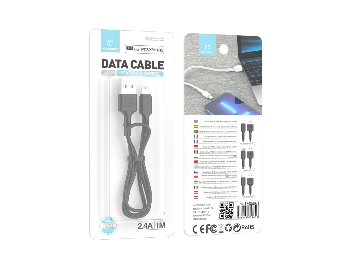 Techancy Cabo De Dados Usb-Ip7/8/x/11-14, TB1738 1M 2,4A Carregamento Rápido, Transferência De Dados, Preto
