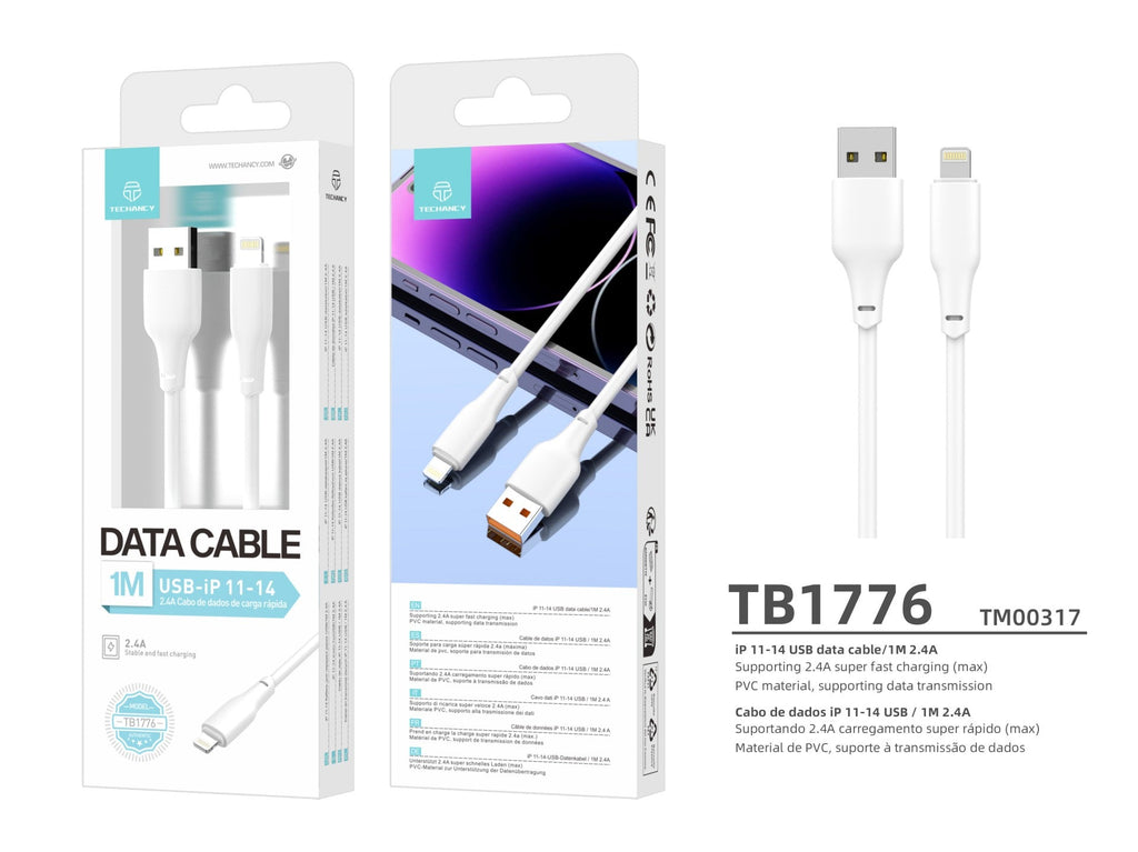 Techancy Cabo Usb-Lightning Branco 1m  TB1776,Carregamento Rápido 2.4a, Suporta Transmissão De Dados, Material Pvc
