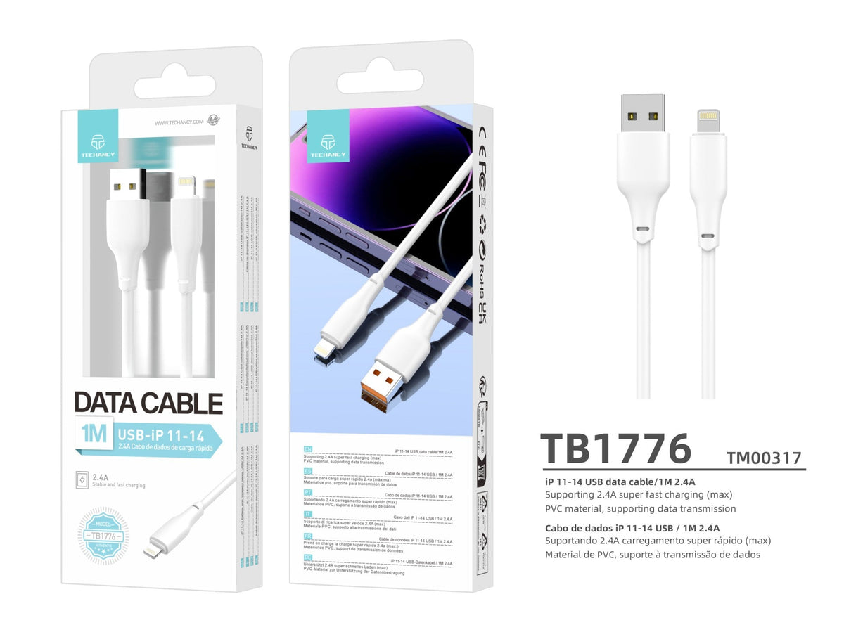 Techancy Cabo Usb-Lightning Branco 1m  TB1776,Carregamento Rápido 2.4a, Suporta Transmissão De Dados, Material Pvc